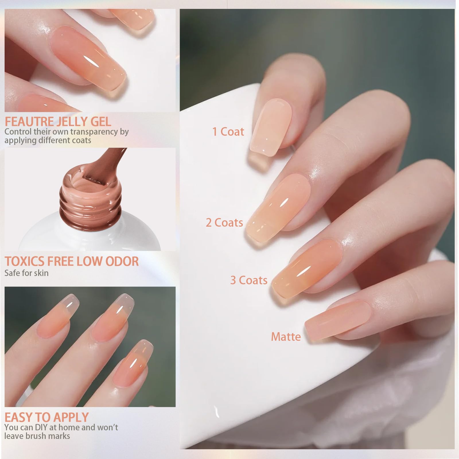 Model wearing gradient style jelly nails using Artdone set