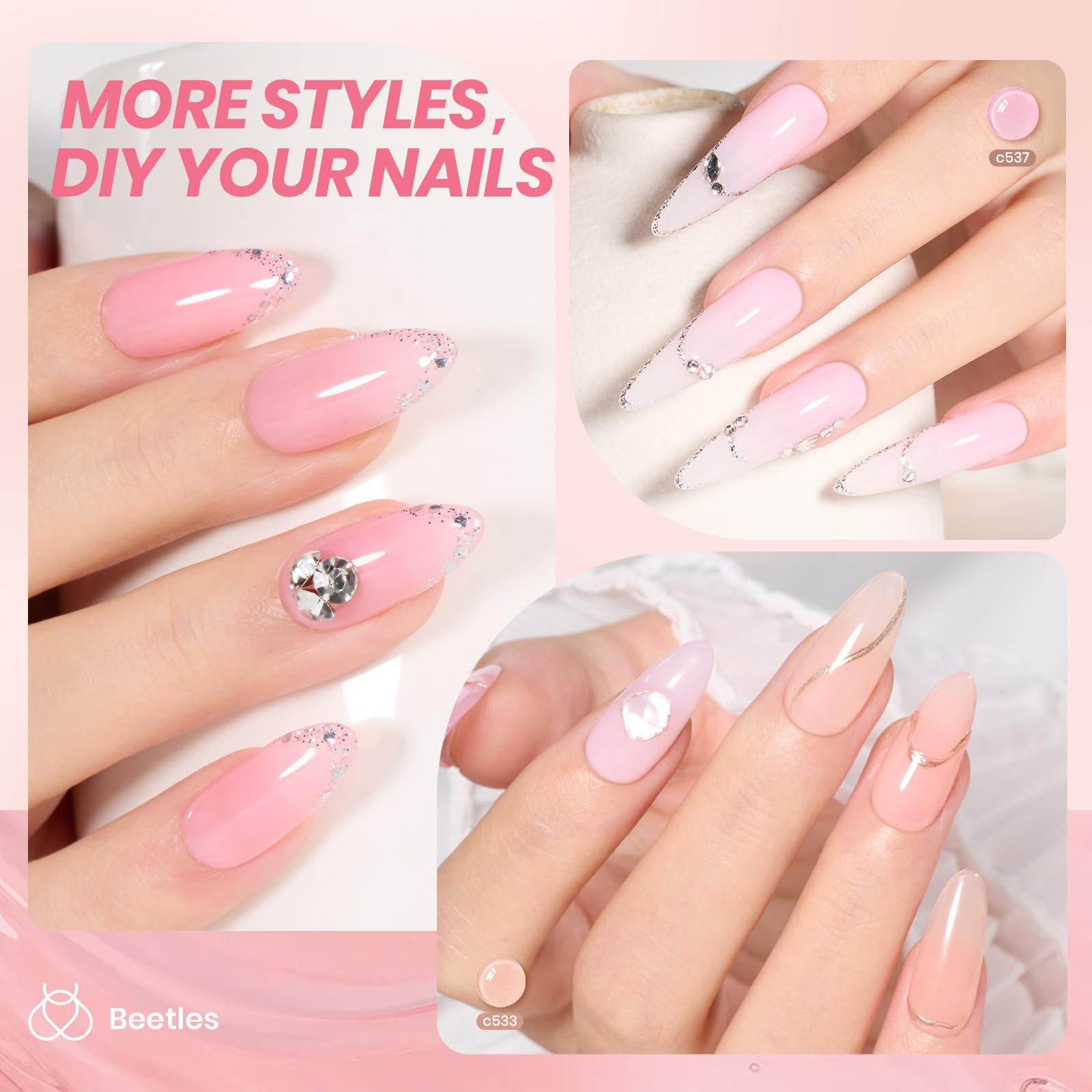 Close up of Beetles sheer milky pink gel polish swatch on nail tip