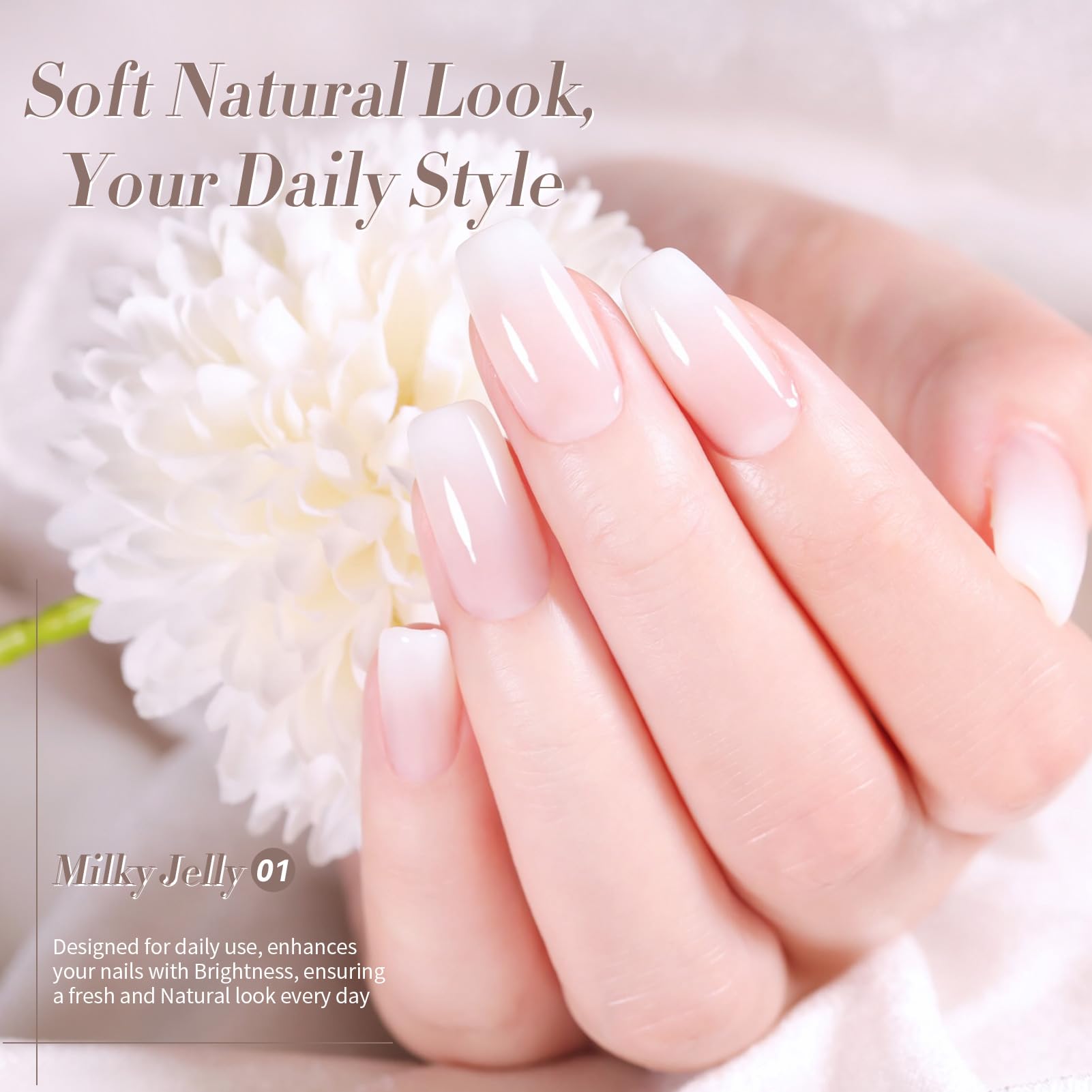 Model wearing milky white translucent gel manicure