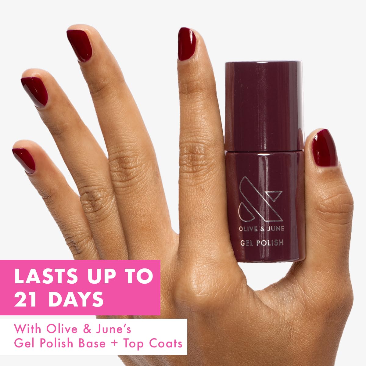 Olive And June Gel Polish in dark ruby shade packaging