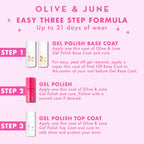 Back view of Olive and June gel polish bottle detailing formula attributes