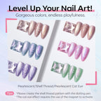 Six shimmer pearl gel polish bottles arranged neatly side by side