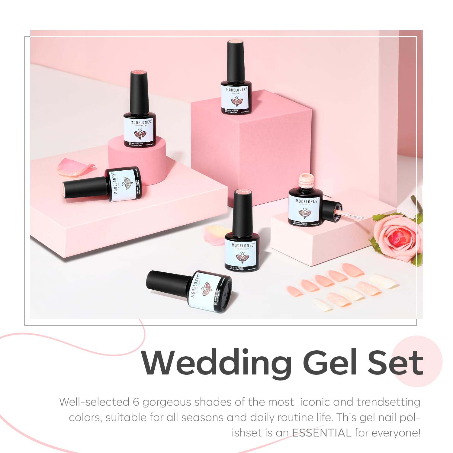 Close up view of Modelones nude and milky white gel polish bottles