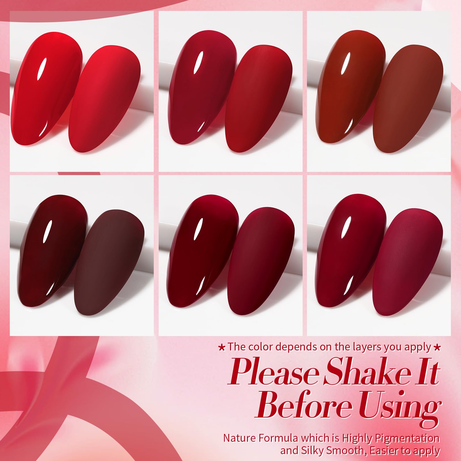 Six bottles of Born Pretty red nail polish set