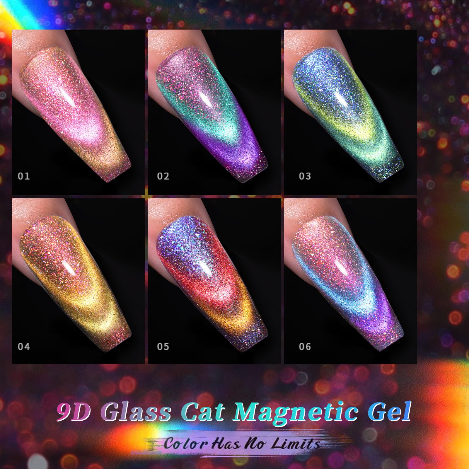 Six bottles of Born Pretty 9D gel polish in colorful packaging