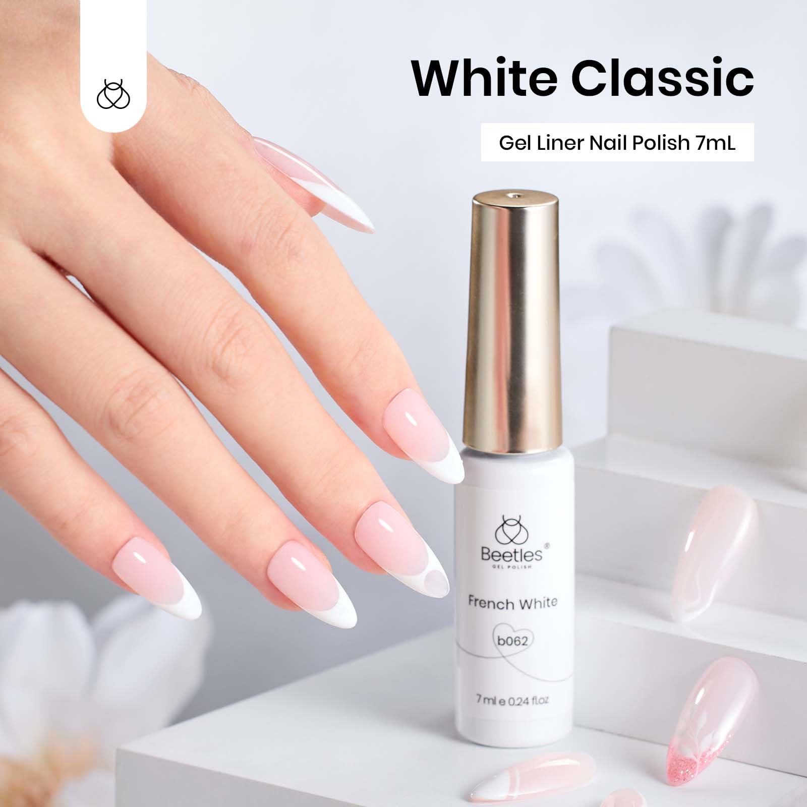 Beetles white swirl nail art design on natural nails