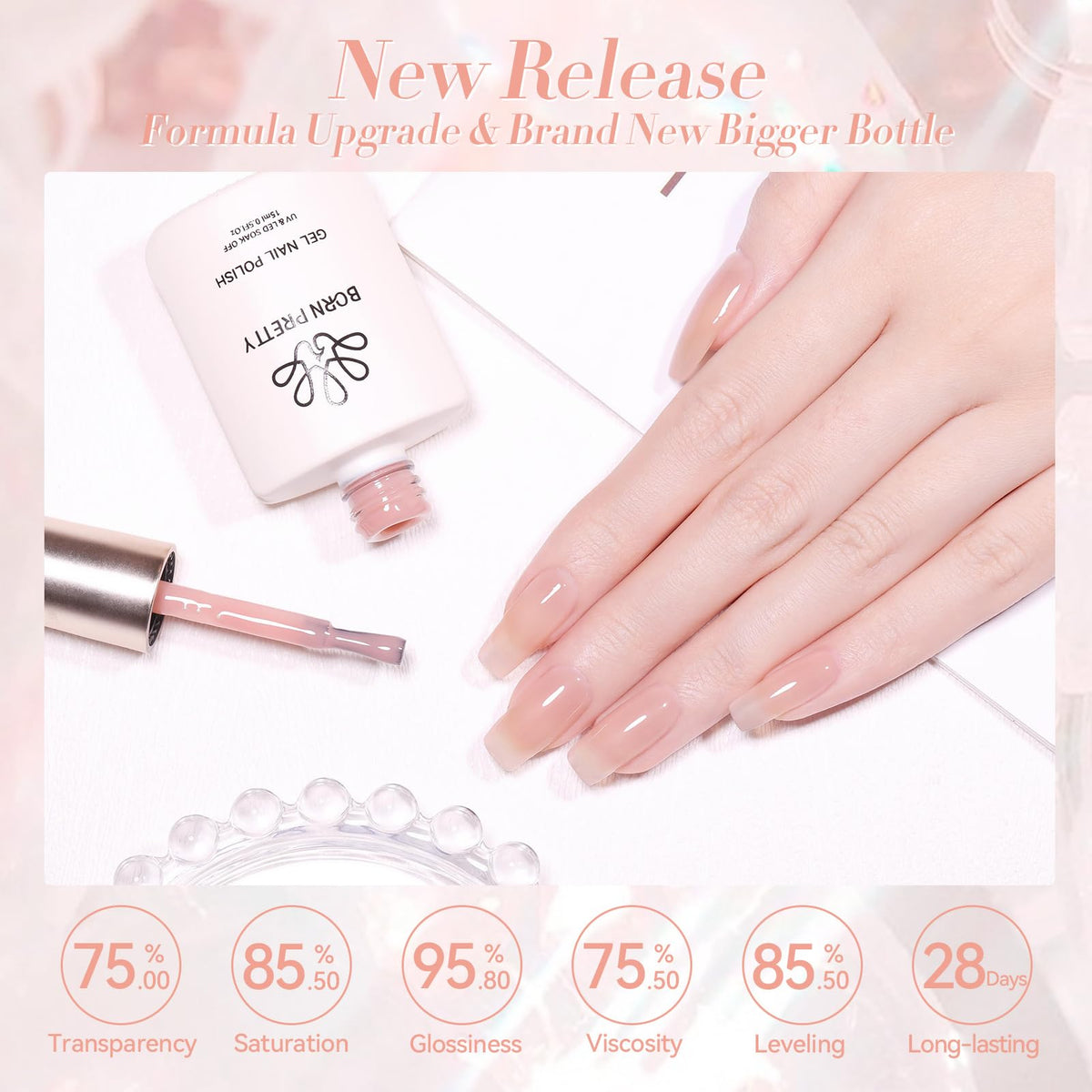 Natural nude manicure created using Born Pretty jelly gel polish