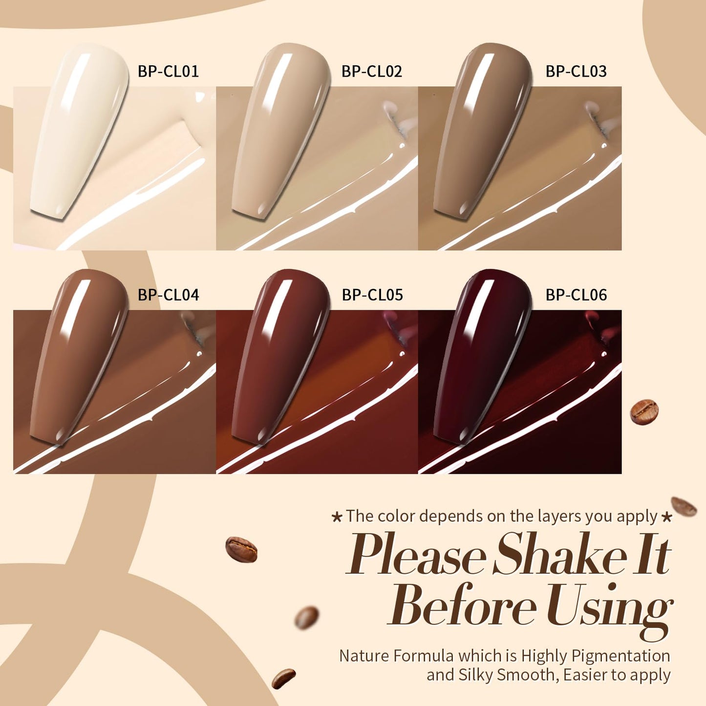 Born Pretty gel polish bottles showcasing chocolate and nude shades