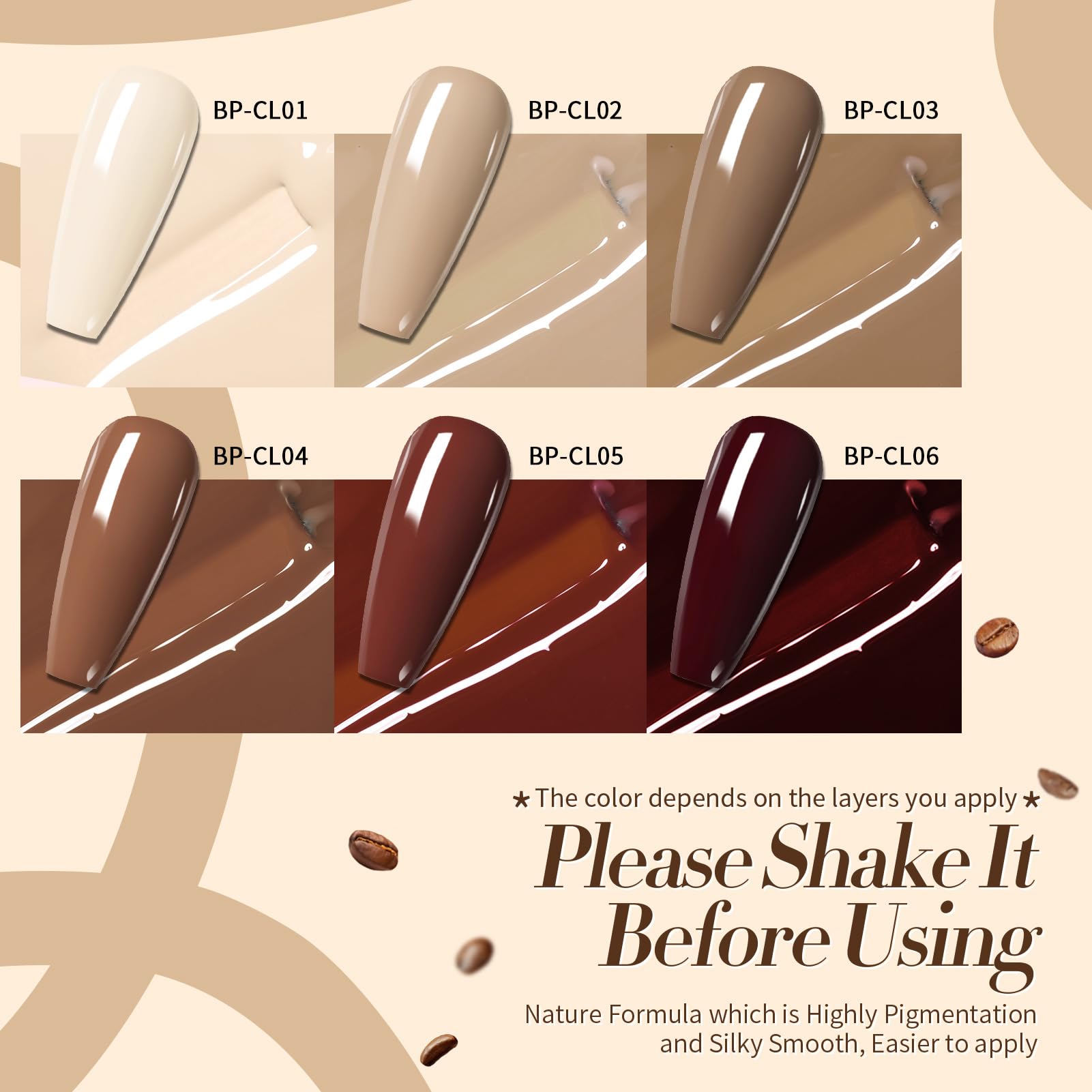 Born Pretty gel polish bottles showcasing chocolate and nude shades