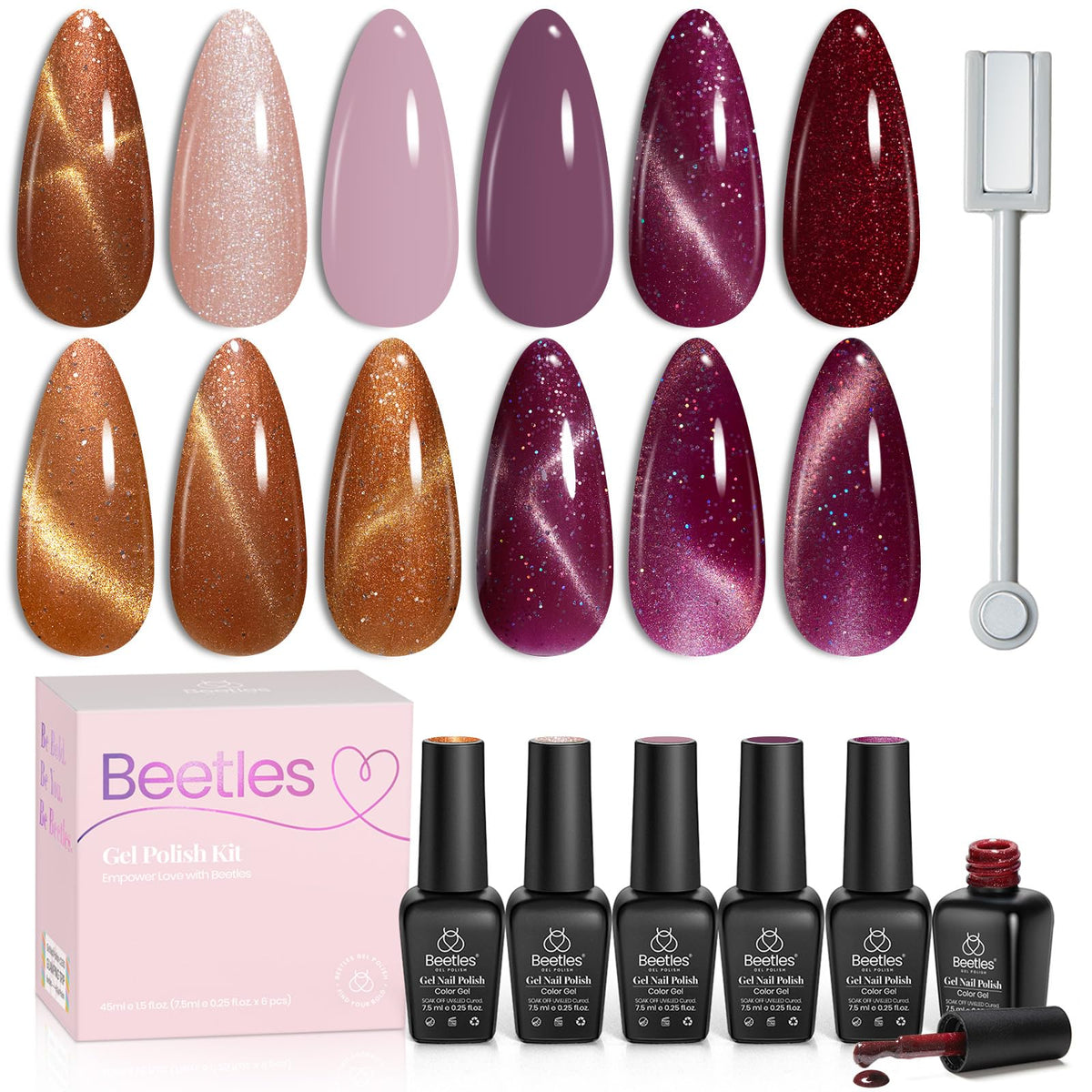 Lifestyle flatlay image of the complete cat-eye gel polish set with magnetic stick.