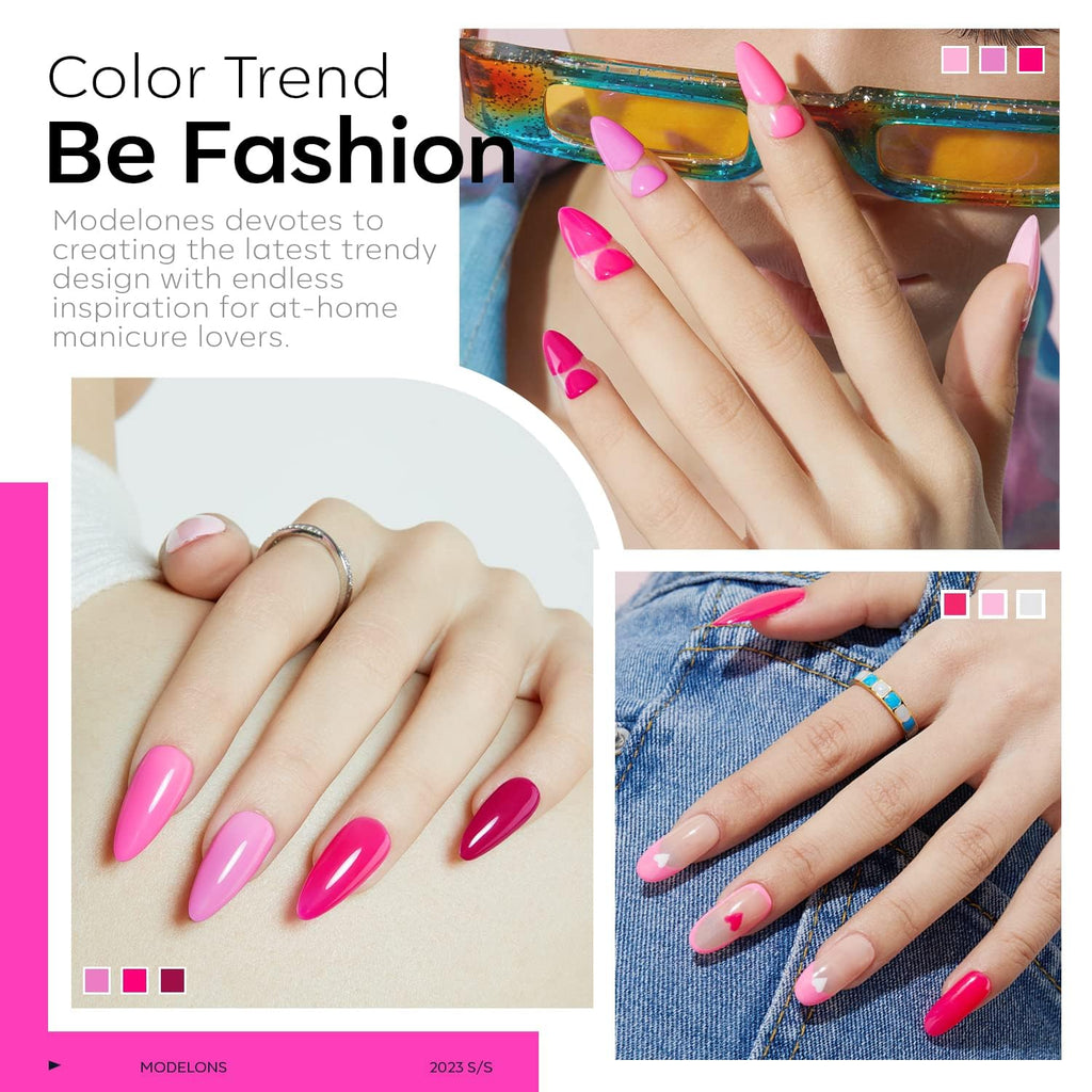 Close up view of the Modelones pink gel nail polish brush applicator and bottle design.