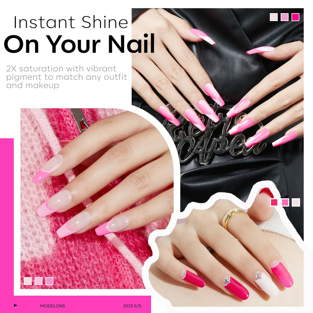 Swatches of the six pink gel polish shades displayed on artificial nail tips.
