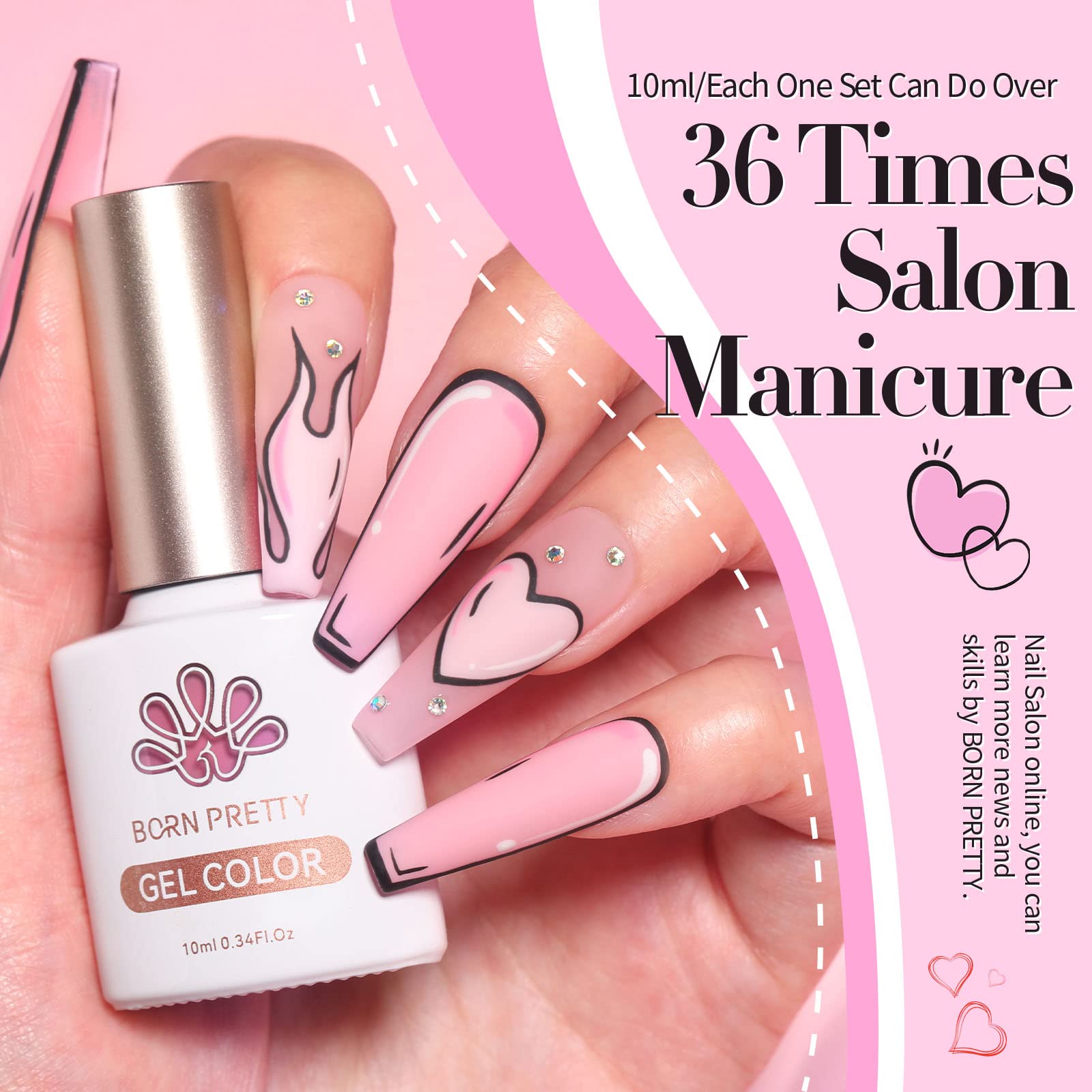 Close up of Born Pretty 7ml gel polish bottles in pink tones