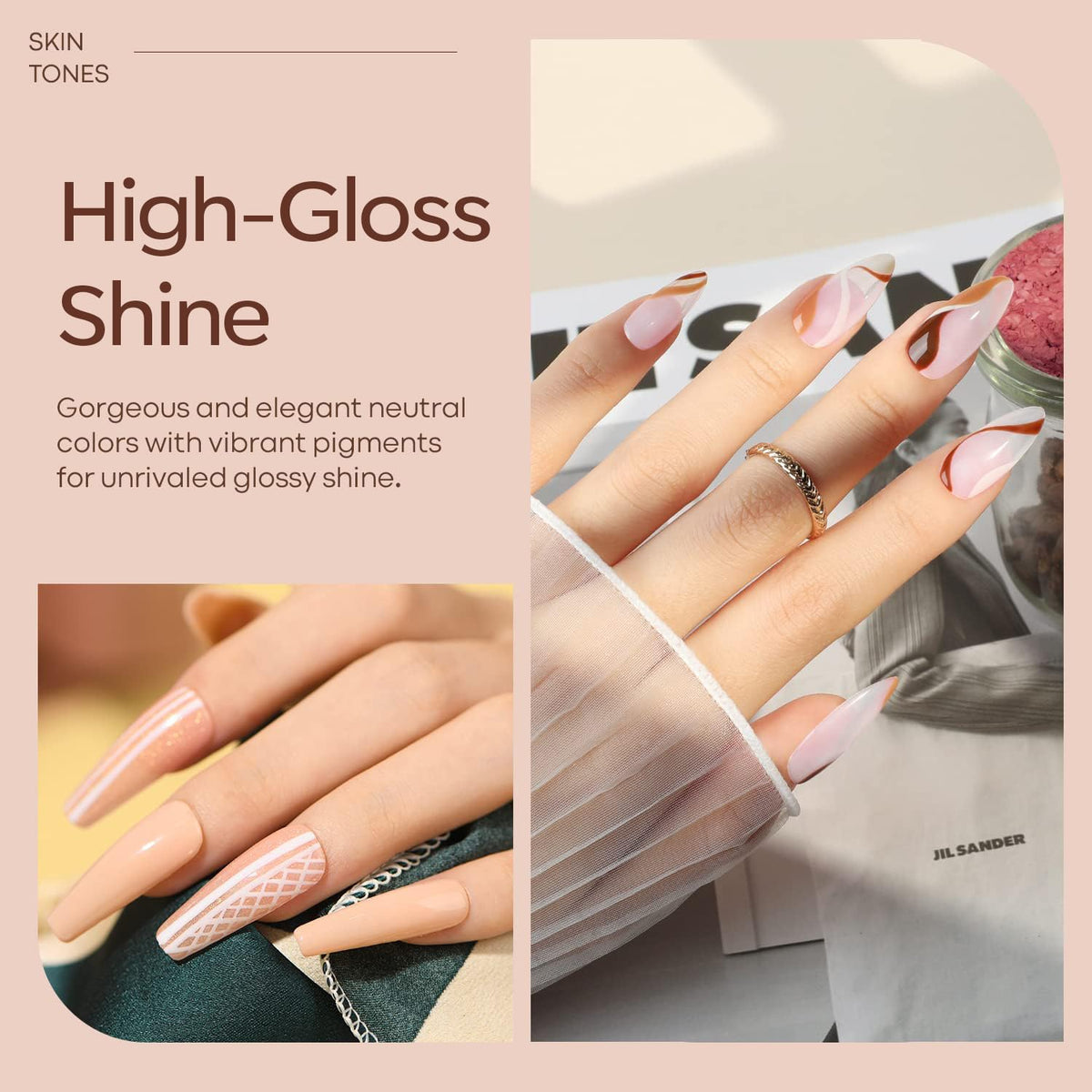 Applied nude pink gel manicure created using the Modelones polish set.