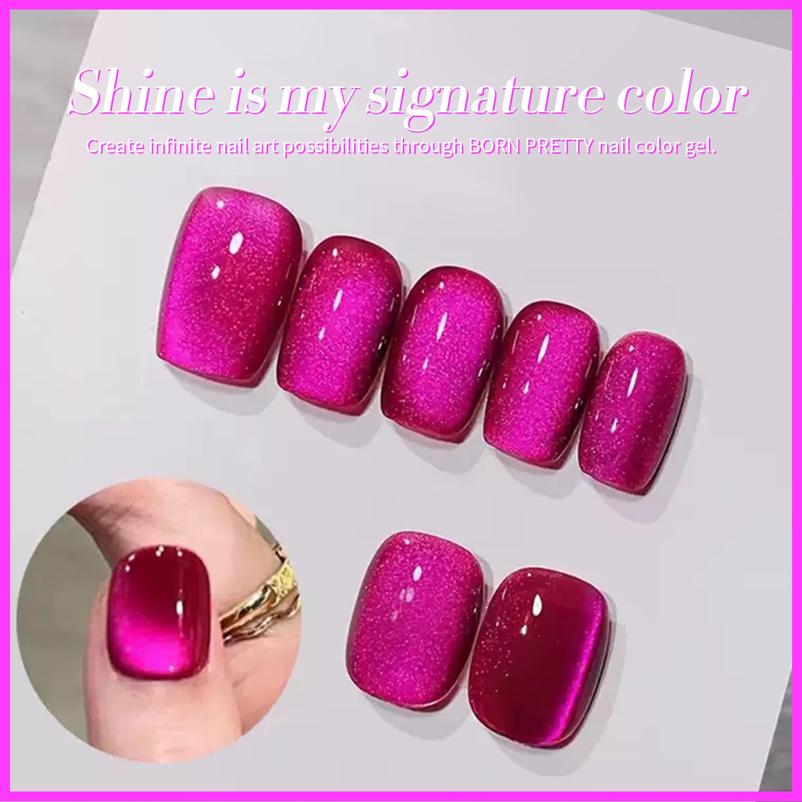 Vibrant hot pink cat eye gel polish swatch on nail