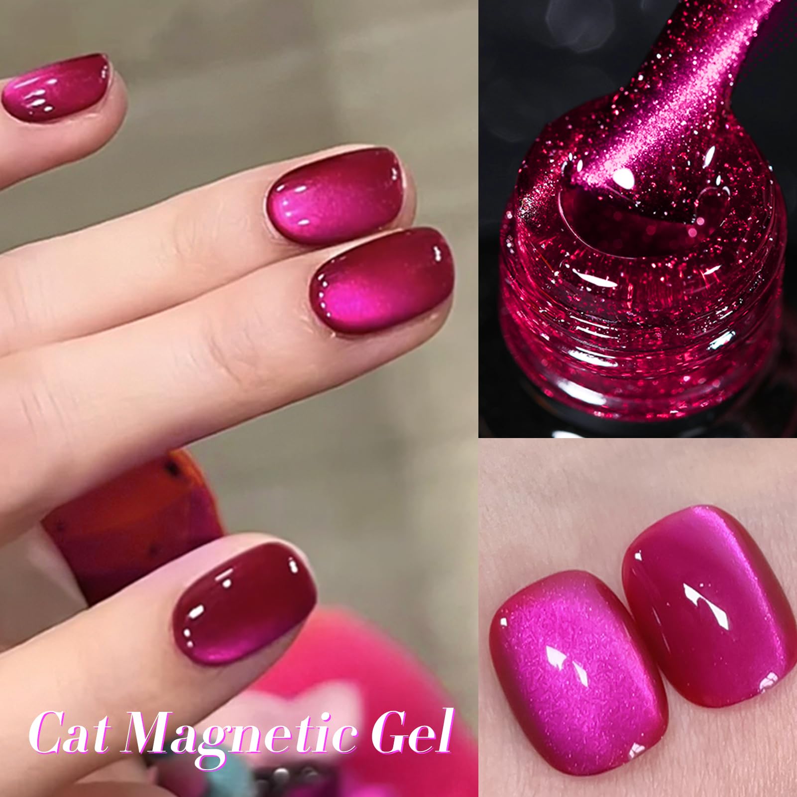 Close up of crystal cat eye effect on pink nail polish