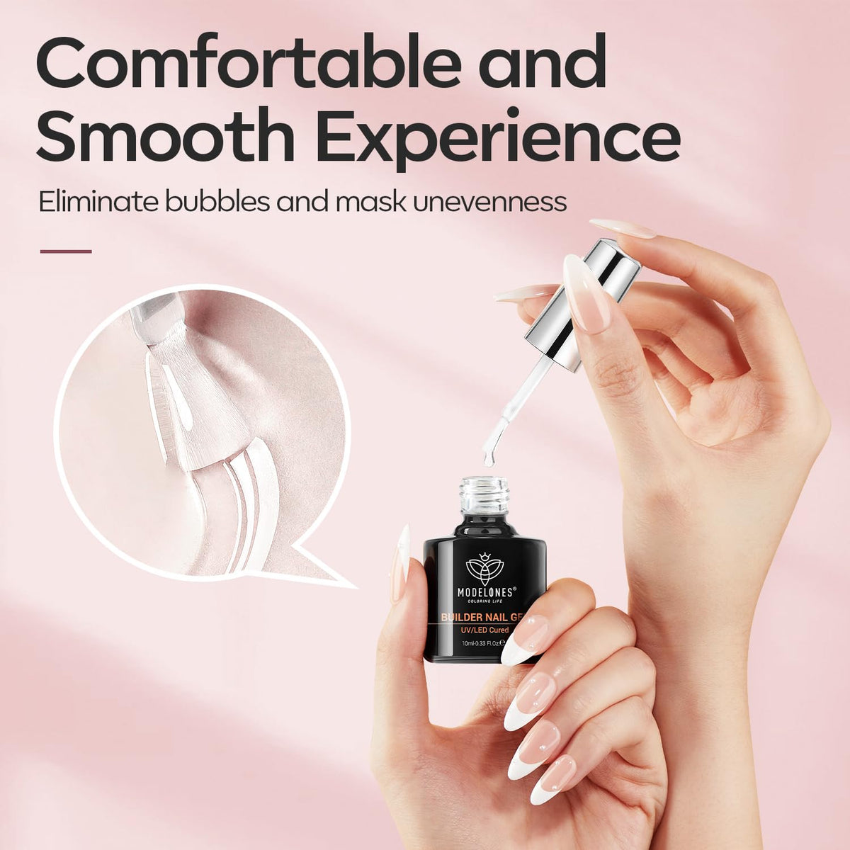 Modelones builder nail gel swatches showing clear and nude shades