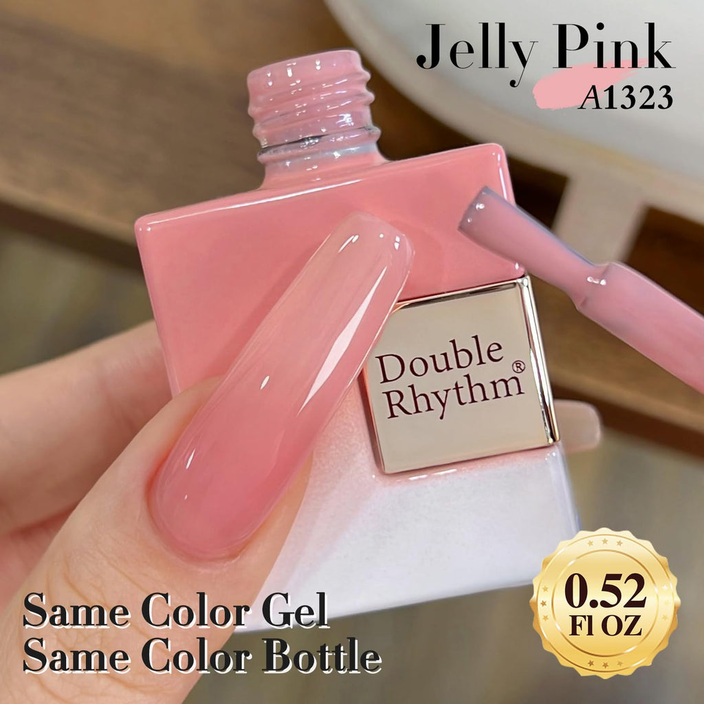 Swatch display of Double Rhythm pink clear jelly gel polish on artificial nail tips