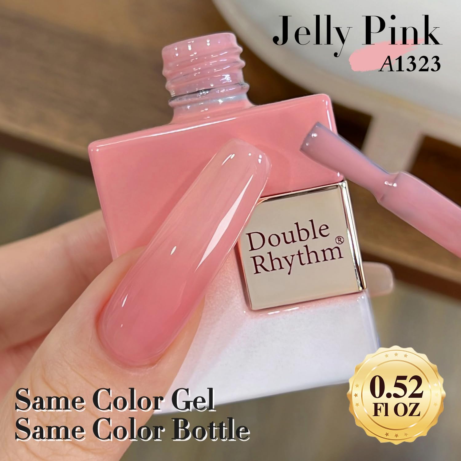 Close up of Double Rhythm gel polish bottle branding