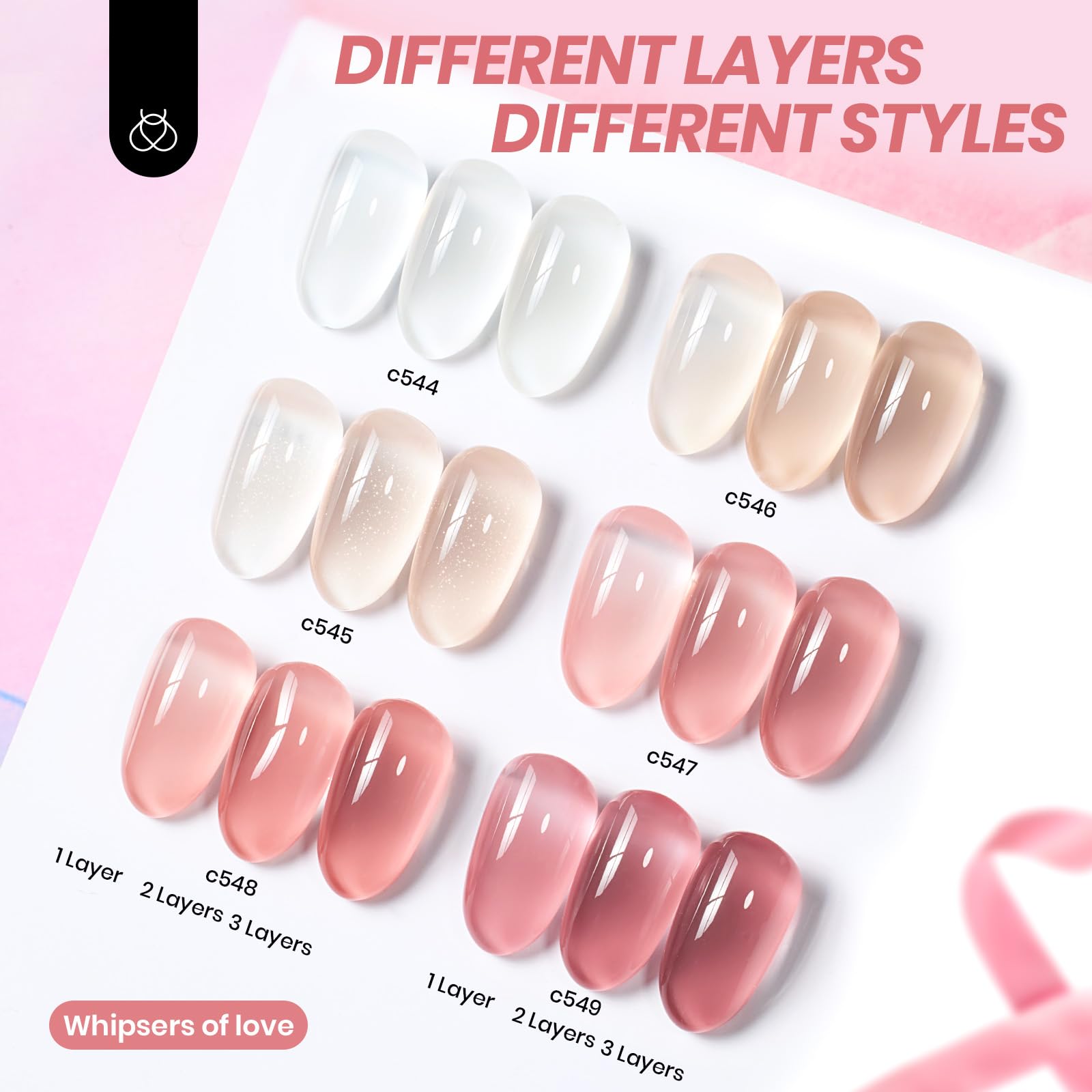 Six colors of Beetles jelly gel polish in individual bottles