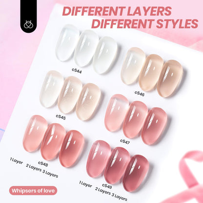 Six colors of Beetles jelly gel polish in individual bottles