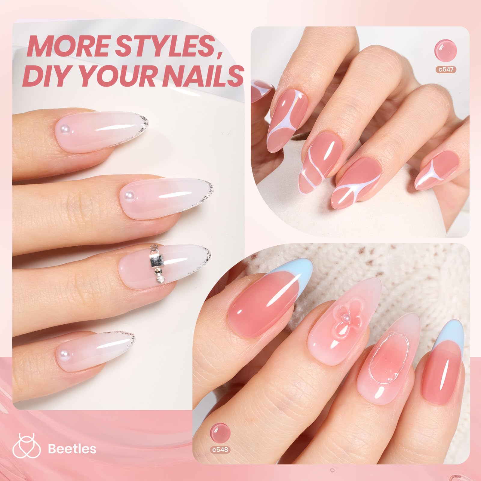 Swatch samples of Beetles jelly nude and pink gel shades