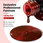 Close-up of ruby red magnetic shimmer gel polish swatch on a nail tip