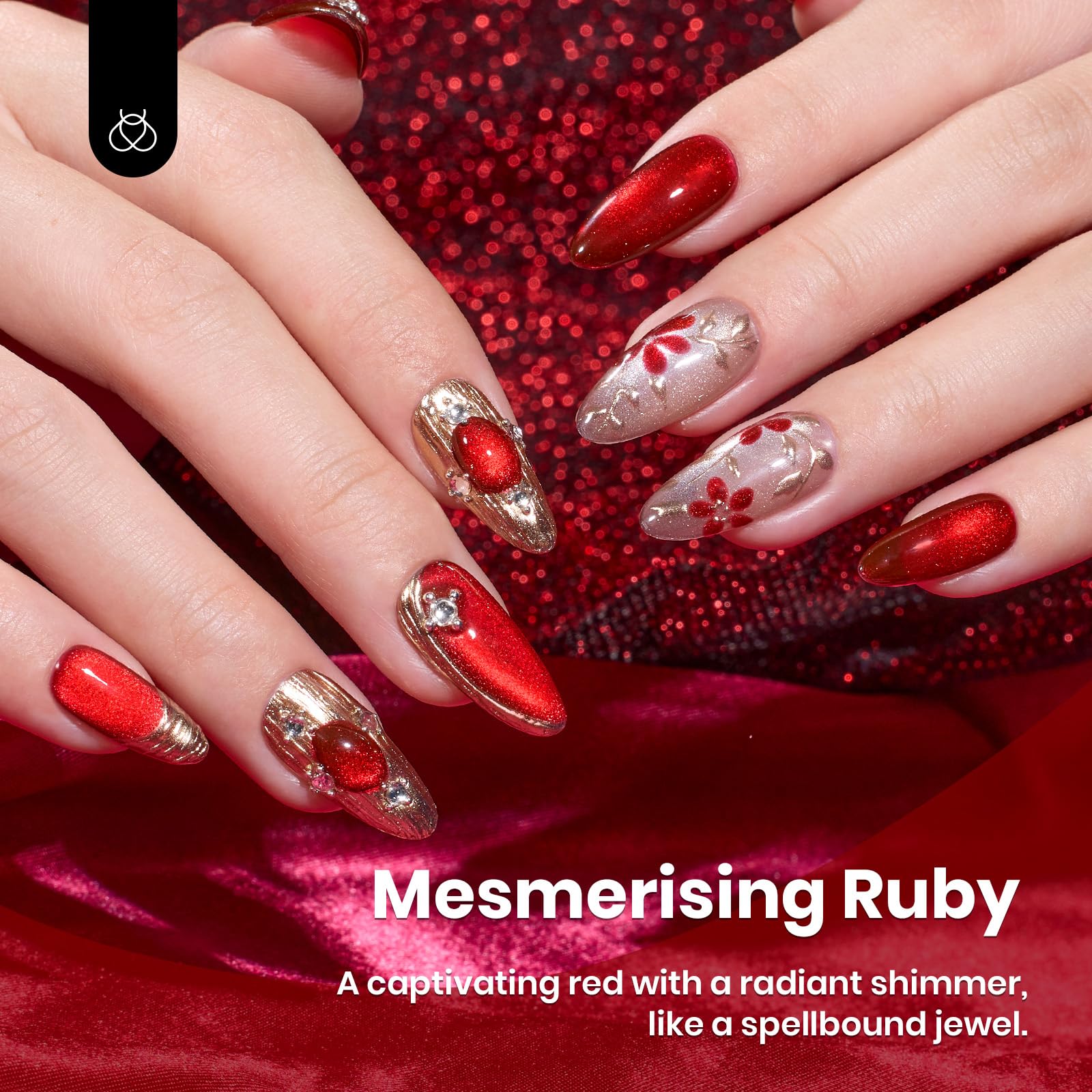 Close up of ruby red cat eye nail art texture
