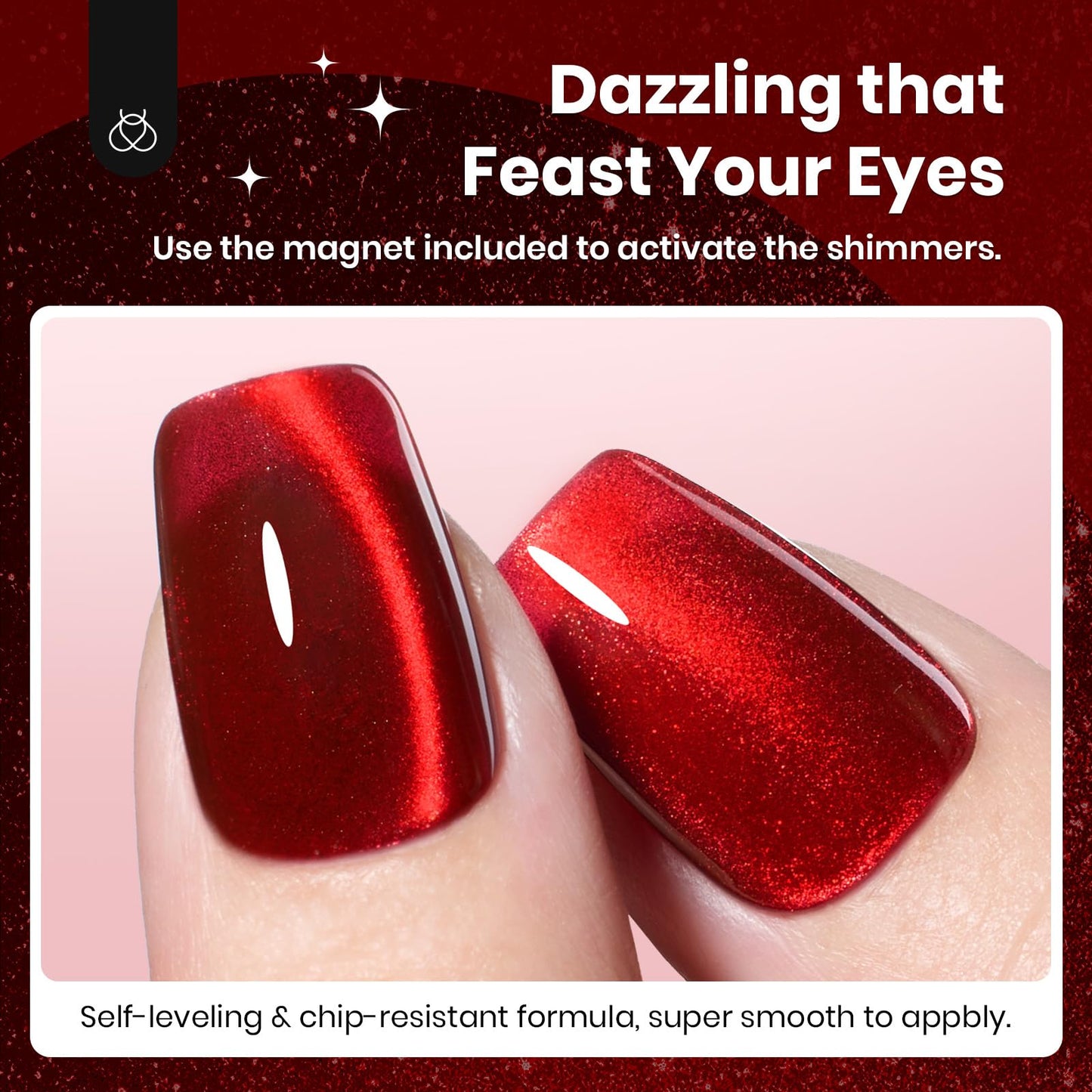 Ruby red shimmering cat eye manicure display