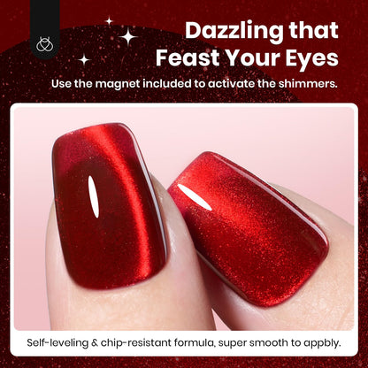 Ruby red shimmering cat eye manicure display