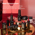 Close-up of the red and burgundy gel polish bottle labels