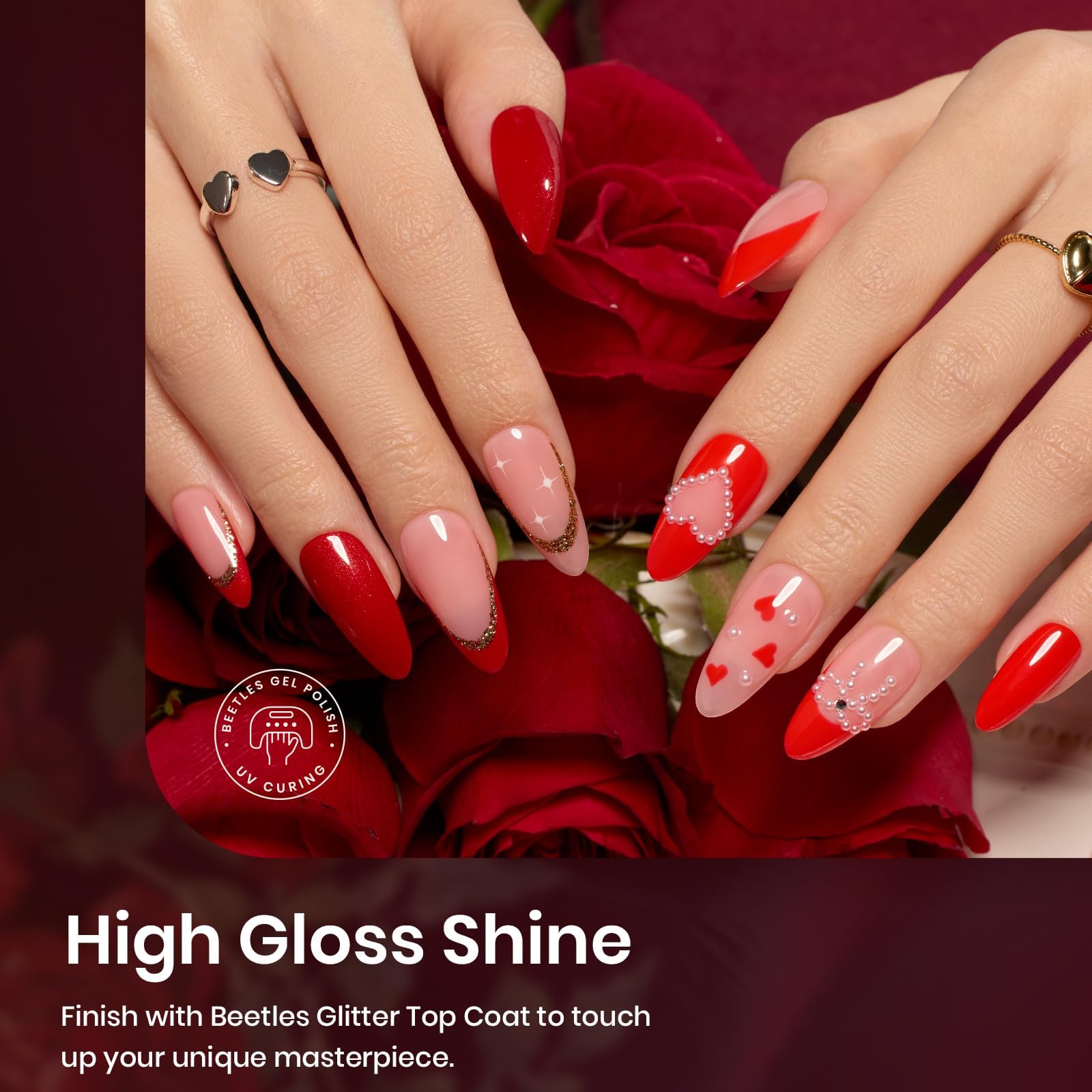 Hand model displaying red gel nail polish colors