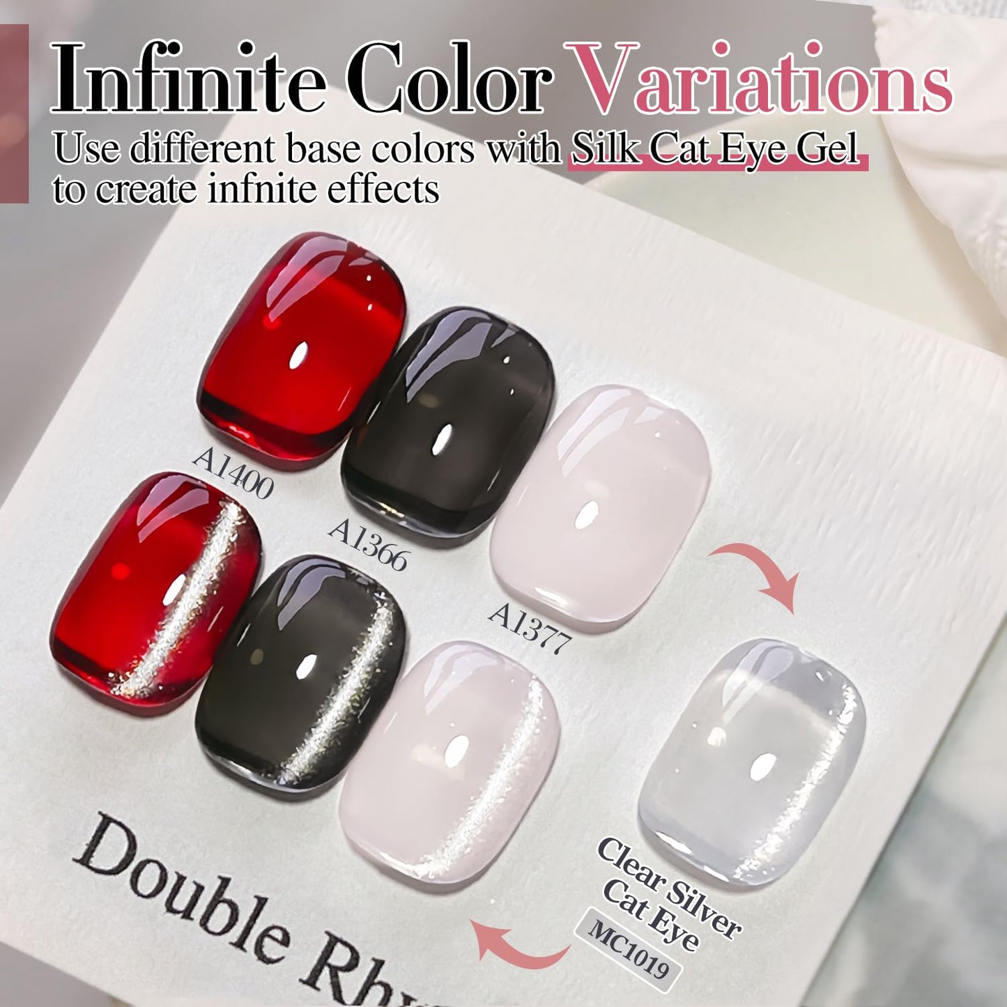 Swatch of silver magnetic cat eye gel on nail tip