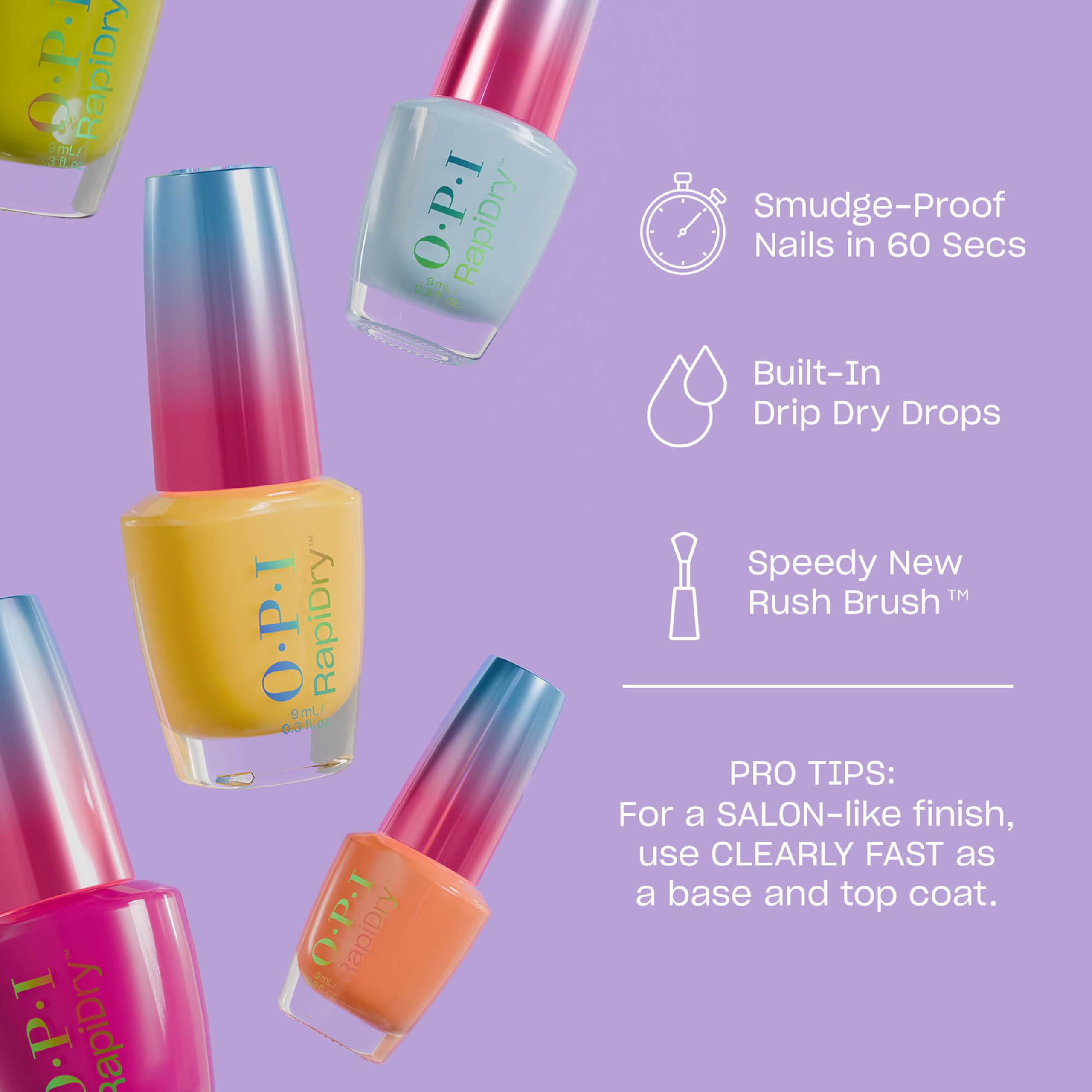 OPI RapiDry nail polish swatches on nails