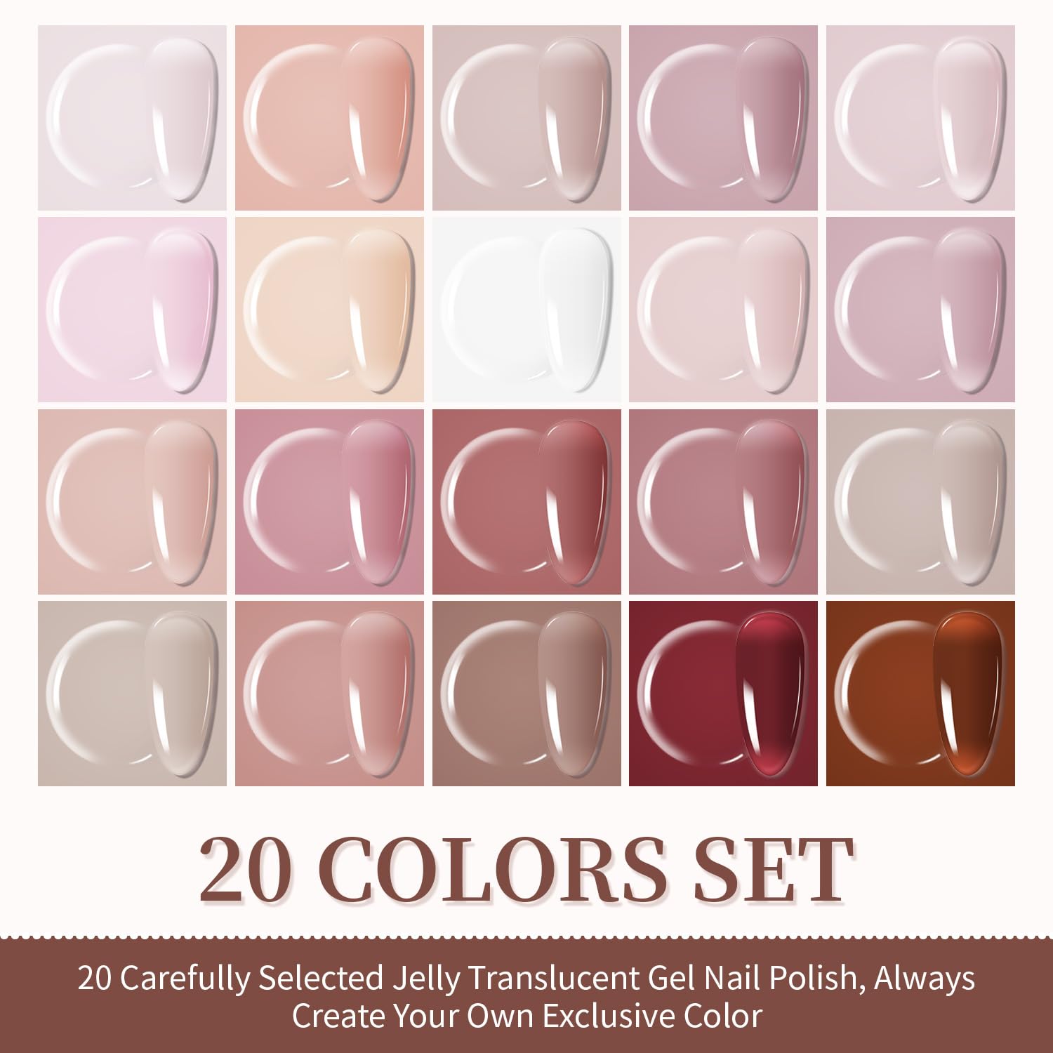 Jodsone translucent jelly gel nail polish bottles arranged in a grid