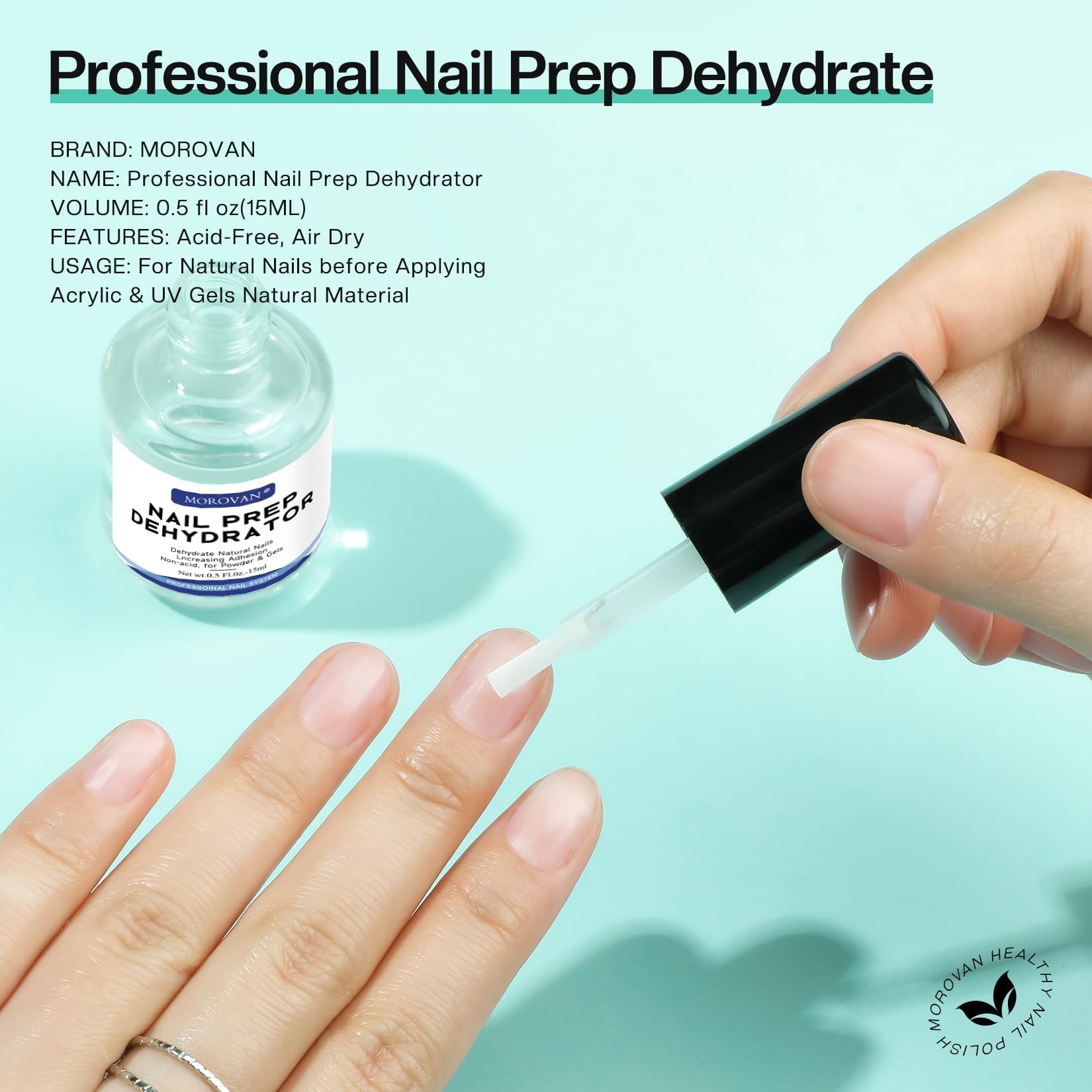 Close up of Morovan 0.5 fluid ounce nail product bottle