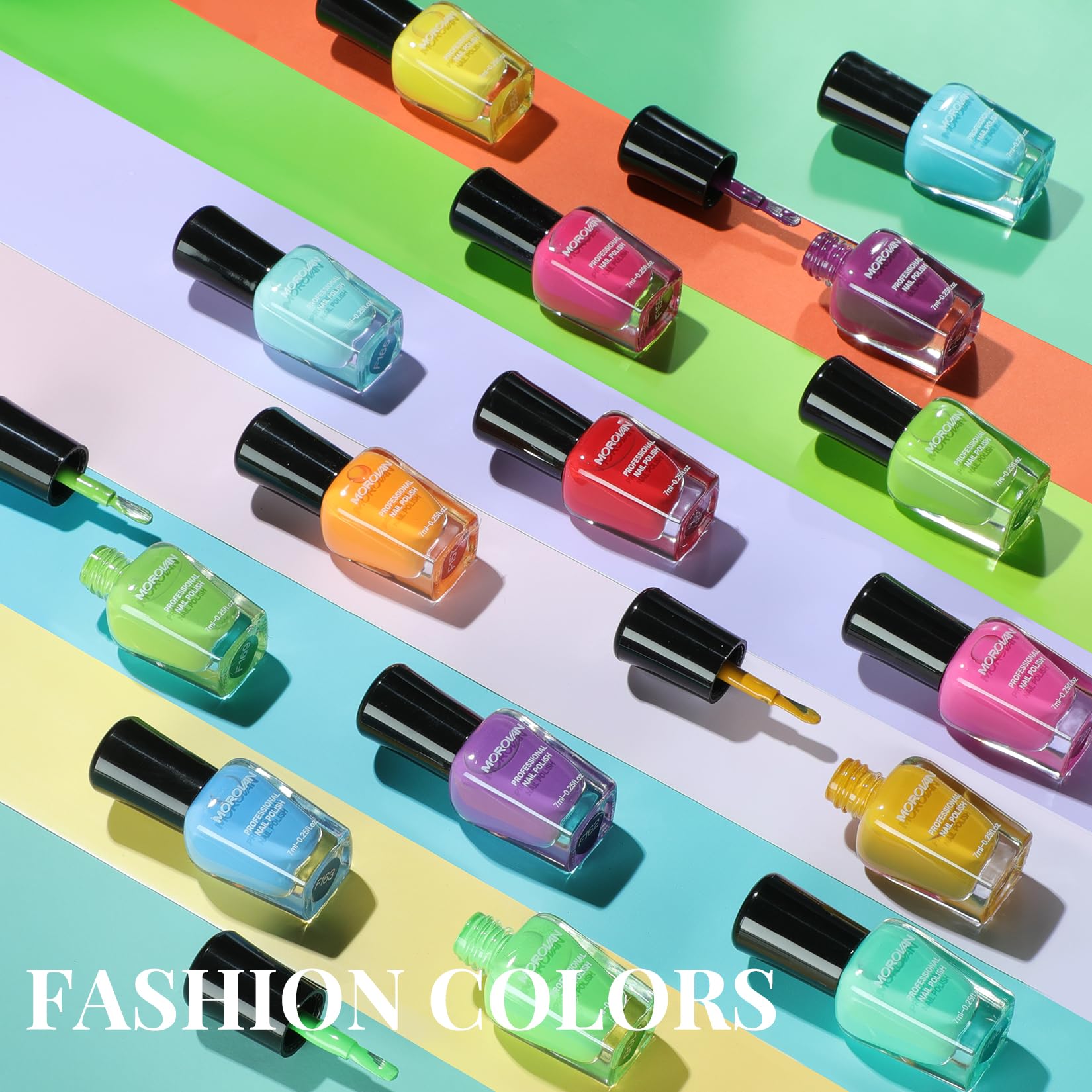 Close up of Morovan glossy nail polish bottles