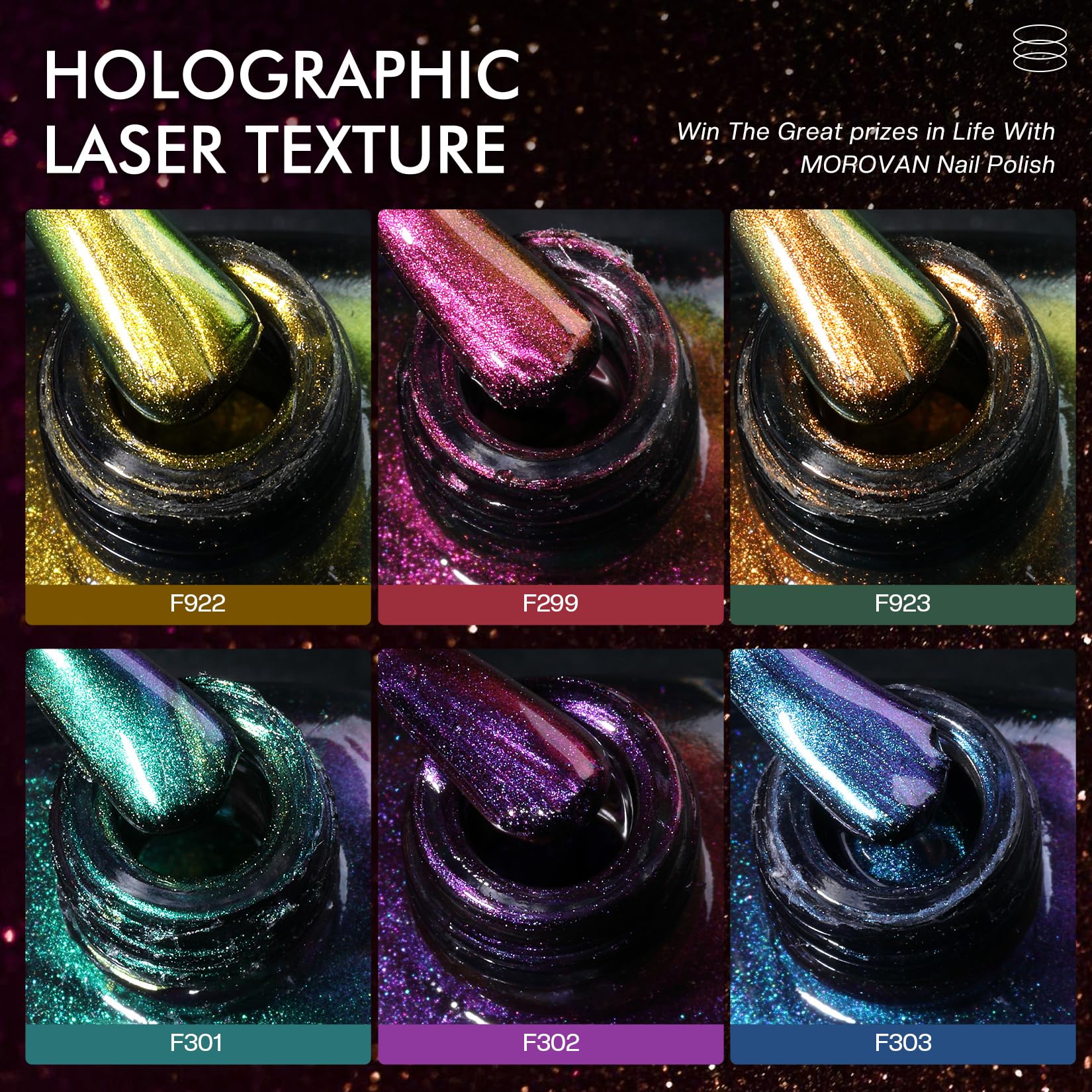 Six bottles of Morovan metallic lacquer arranged in a row
