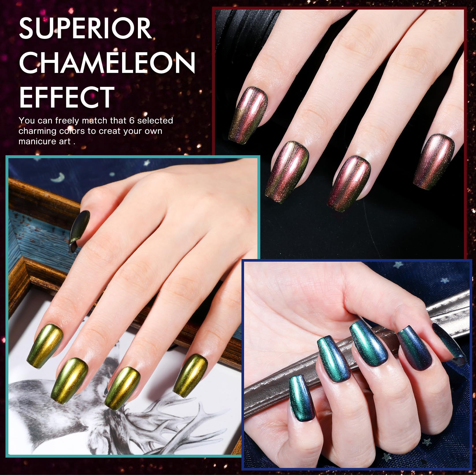 Swatches of Morovan holographic nail polish on nails