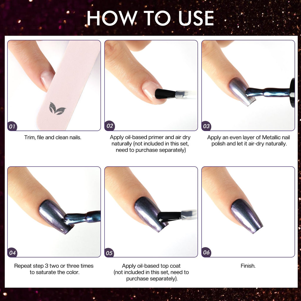 Complete nail art set layout featuring all six holographic polish shades