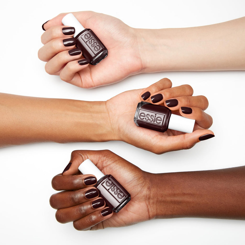 Essie dark burgundy nail color packaging angle view