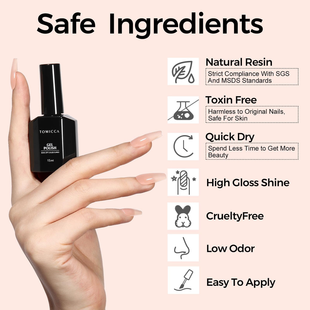 Tomicca sheer nude gel polish displayed with professional manicure setup