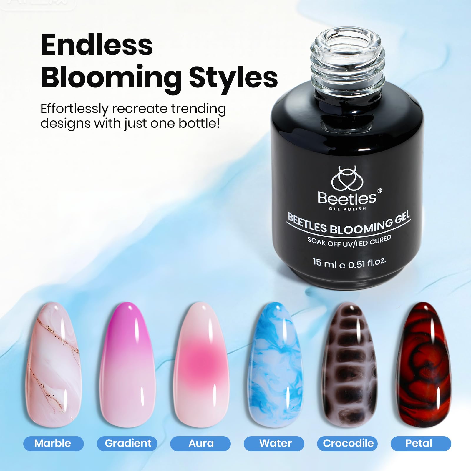Close up of marble nail design using blooming gel