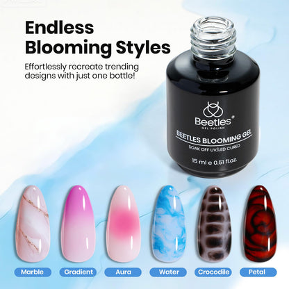 Close up of marble nail design using blooming gel
