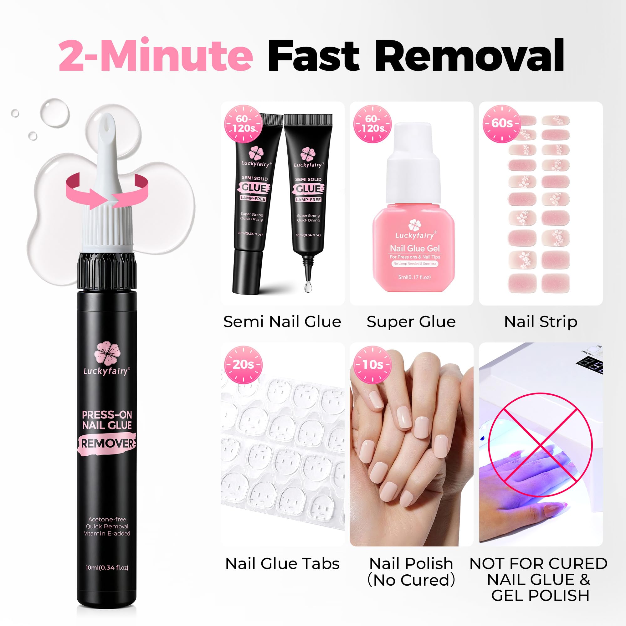 Luckyfairy nail glue set packaging showing no lamp requirement