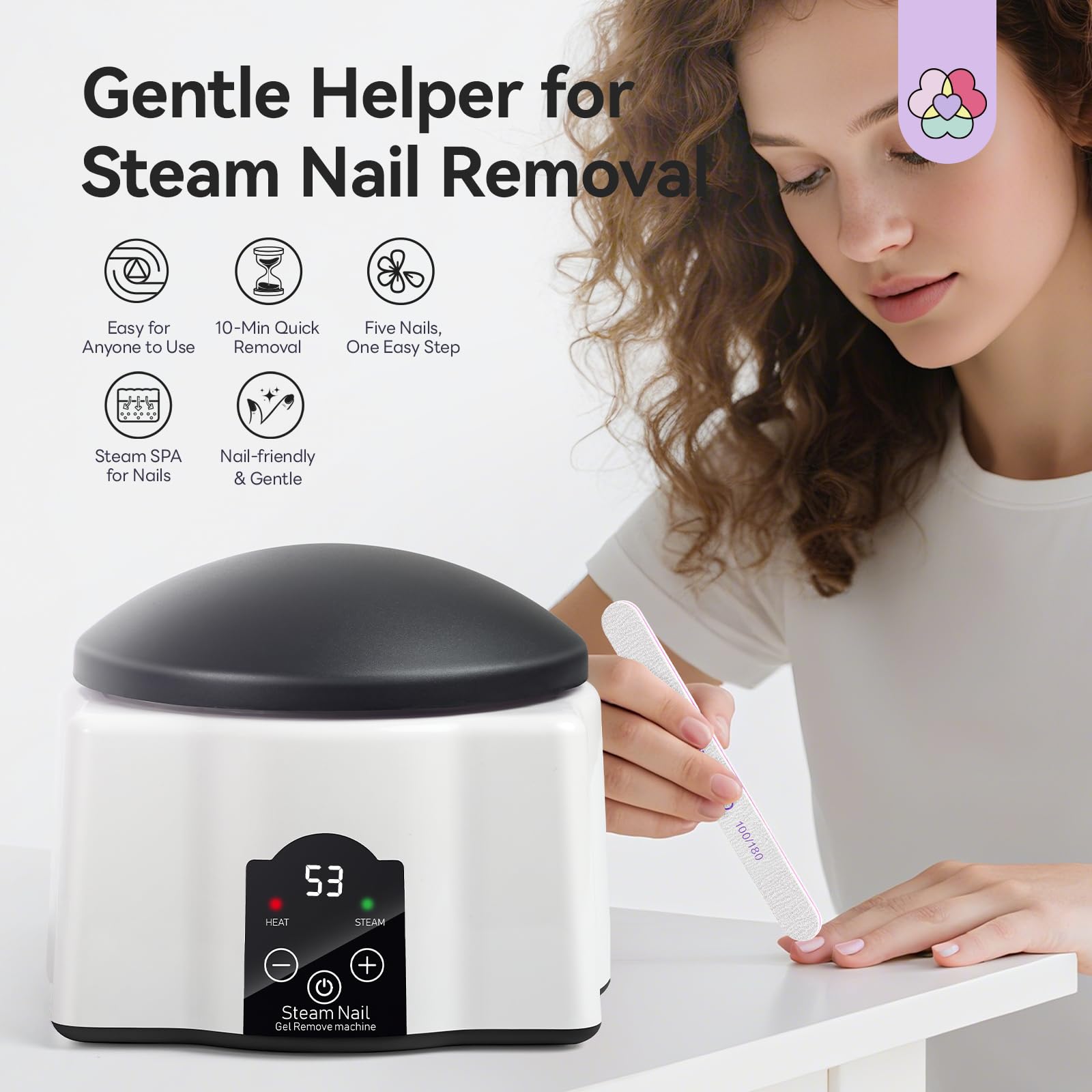 Saviland steam gel polish remover machine with fingers inserted in slots for removal