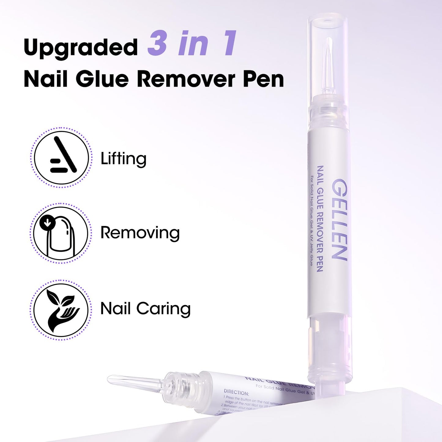 Close up of the precision tip of the non acetone nail glue remover pen breaking down solid gel