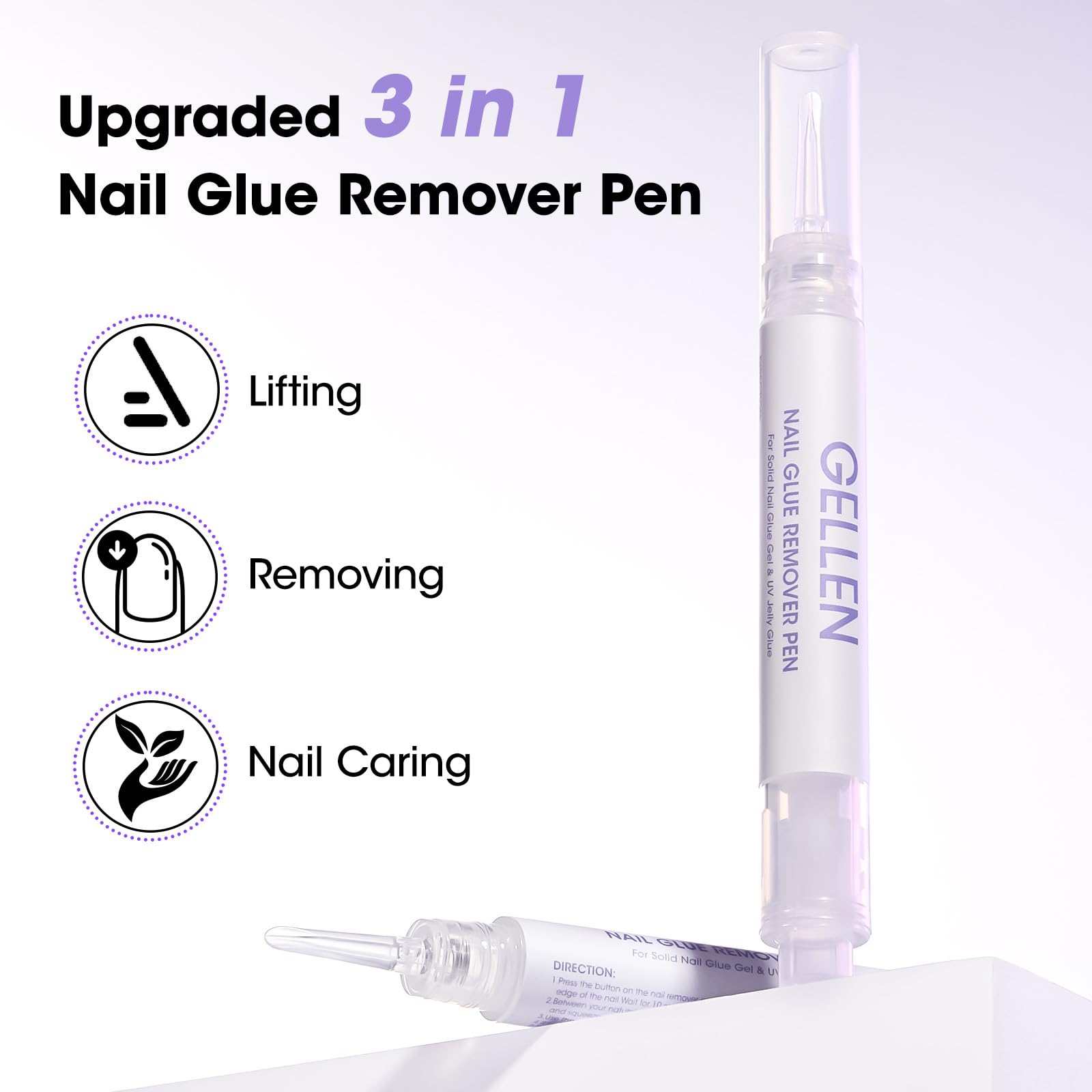 Close up of the precision tip of the non acetone nail glue remover pen breaking down solid gel
