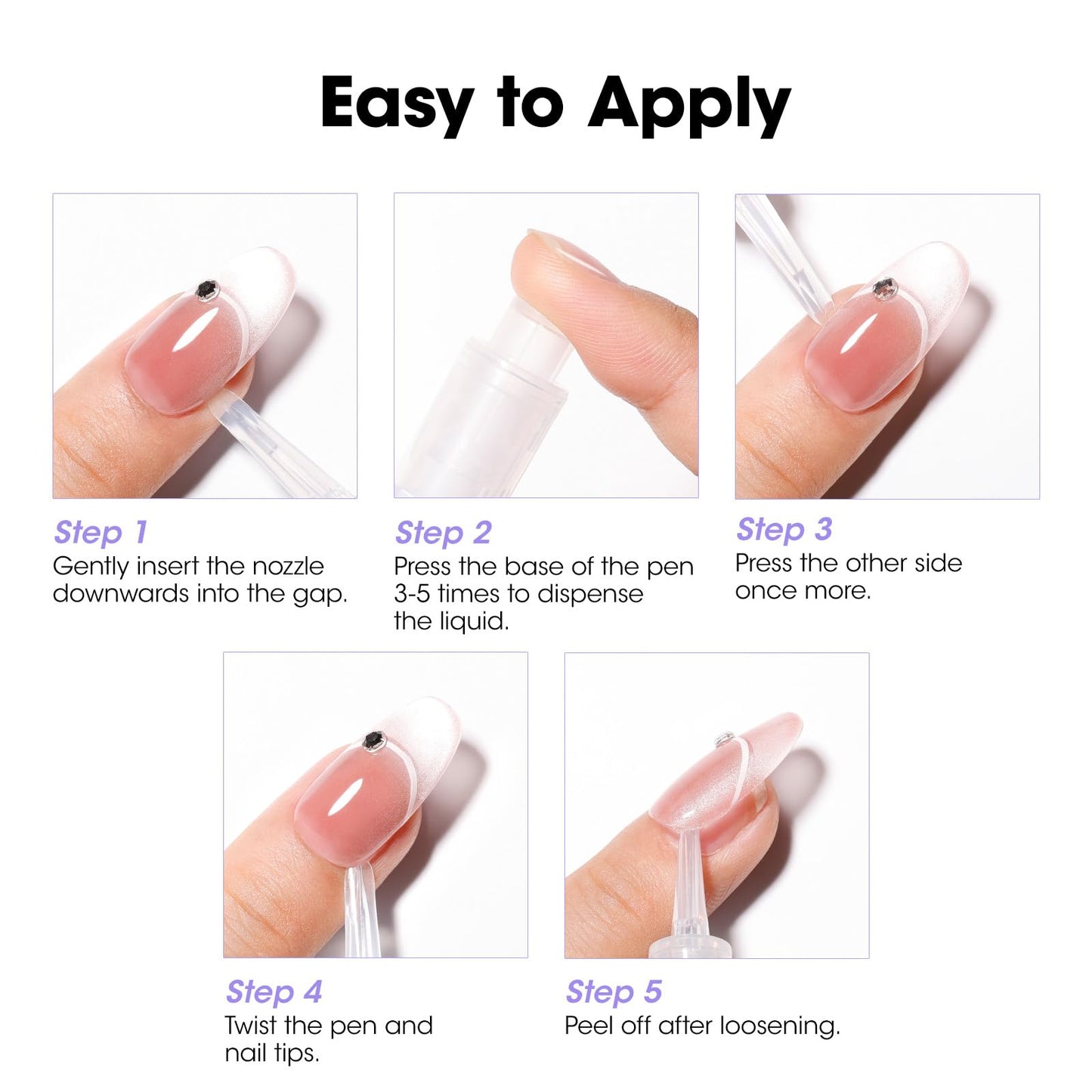 Underneath view of a fake nail tip lifting easily after applying the non drying solvent