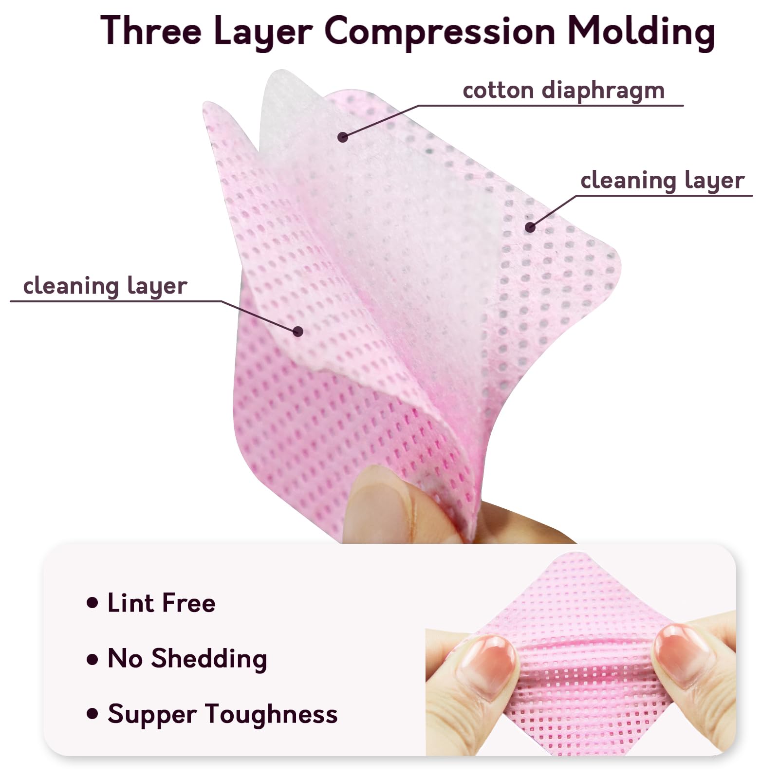 Close up view of three layer non woven cotton lint free nail polish remover pad texture.